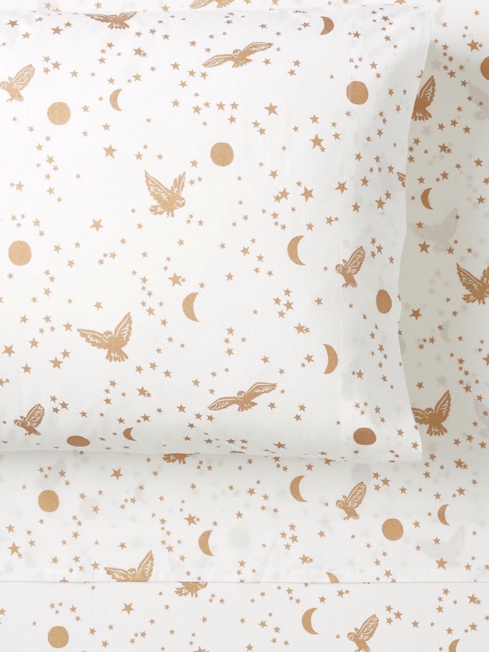 Pottery Barn Cream Sheets with Gold Owl, Star & Moon Print Harry Potter - Picture 2 of 6